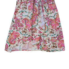 Floral patterned wrap style dress on a light background