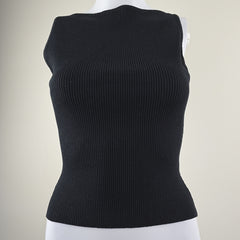 Black knit sleeveless top on a white background