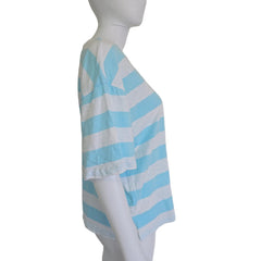 Mannequin wearing a blue and white striped garment on a plain background