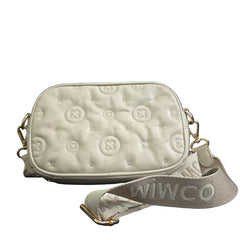 Grey shoulder bag with gold accents on a light background