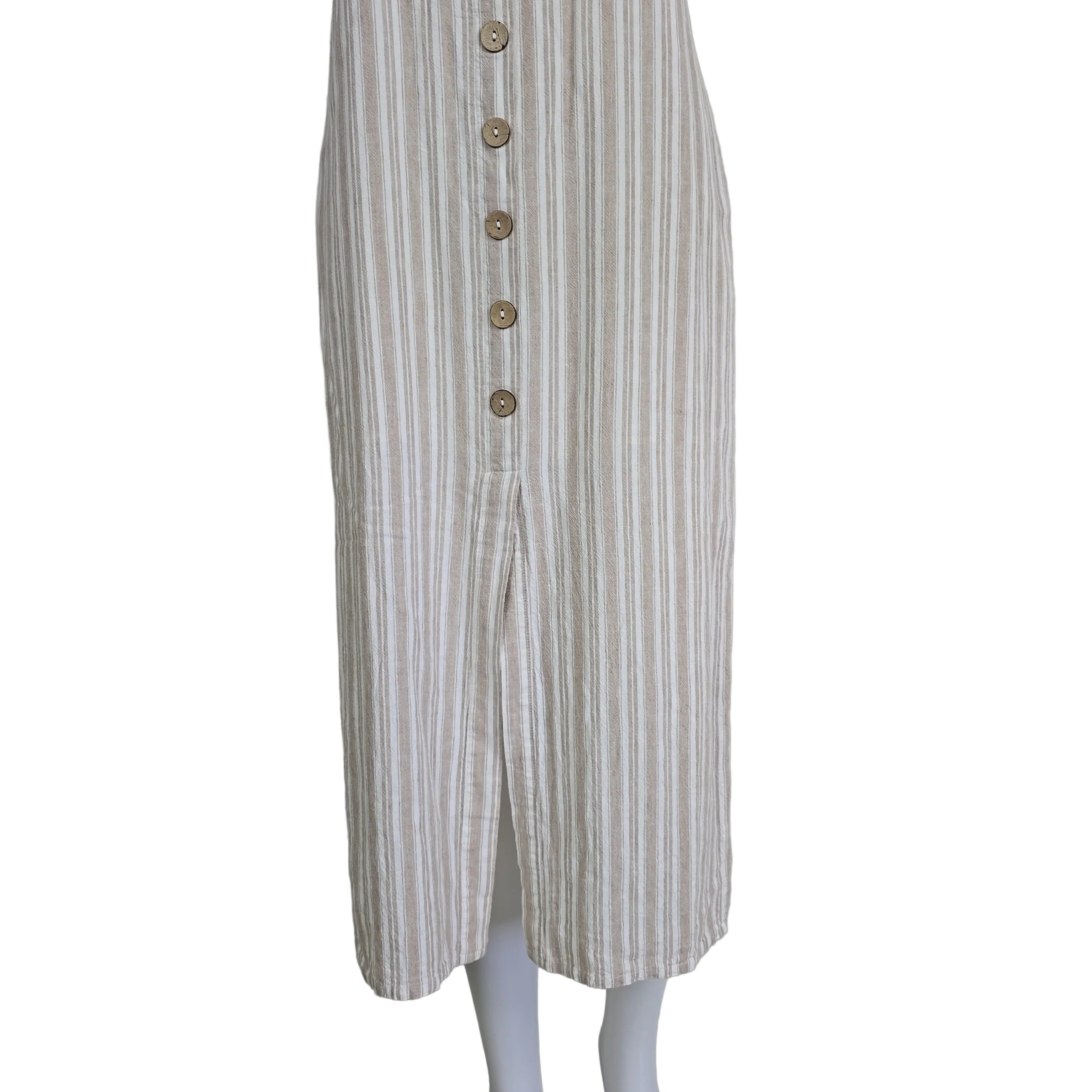 Striped dress with button details on a light background