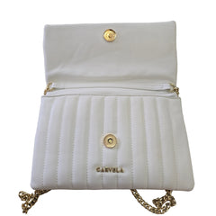 White handbag with gold accents on a light background