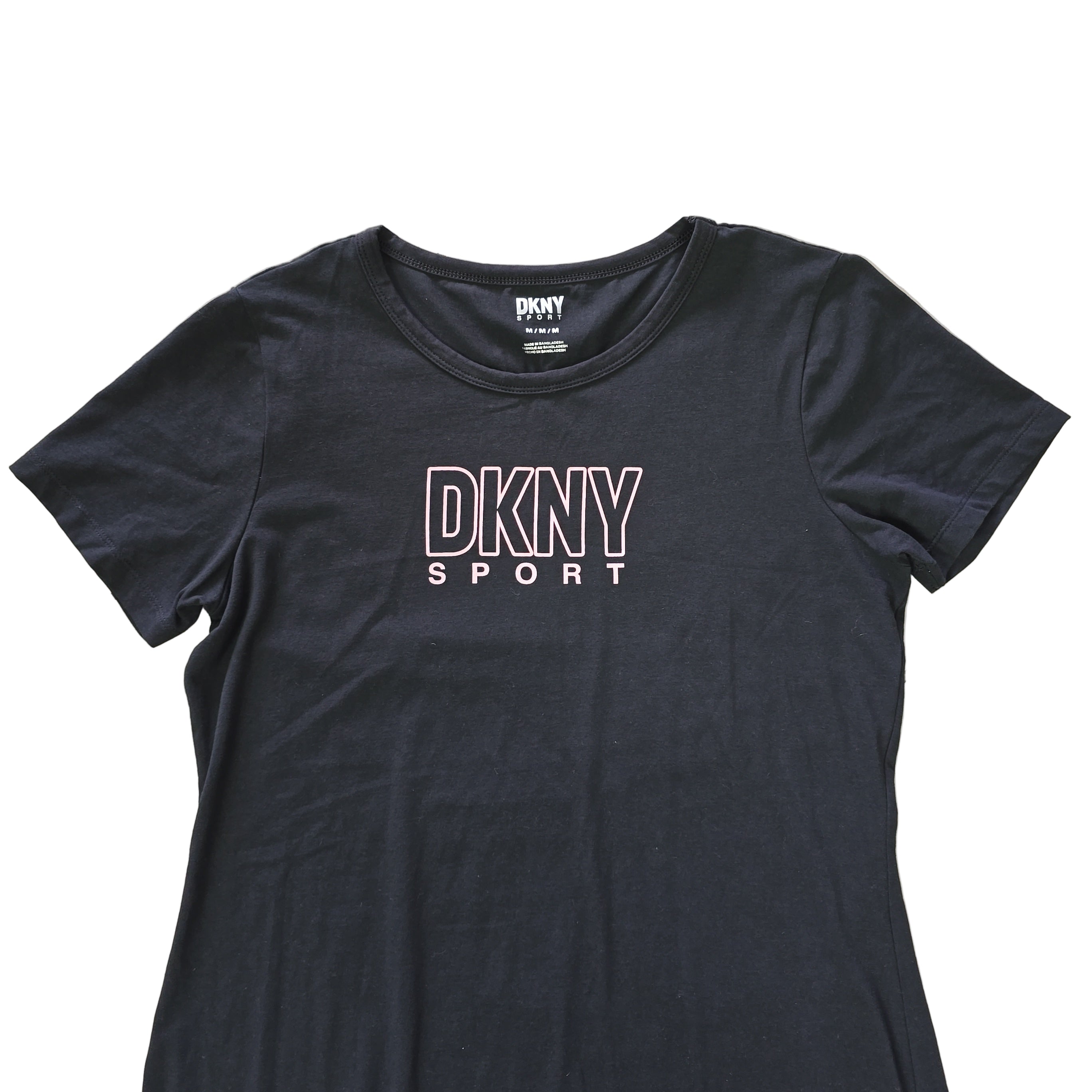 Black t-shirt with 'DKNY' logo on a light background