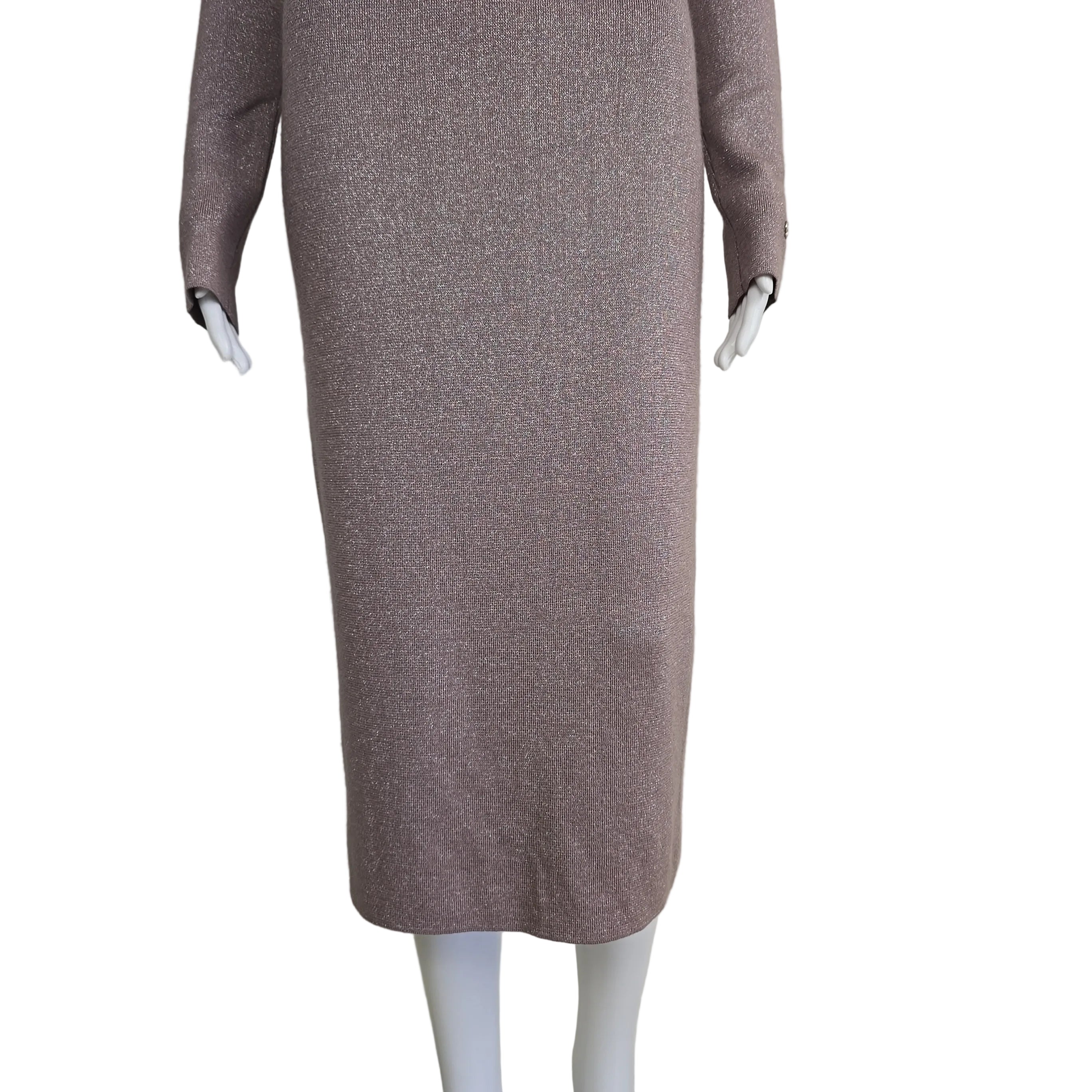 Plum coloured dress with silver details on a light background