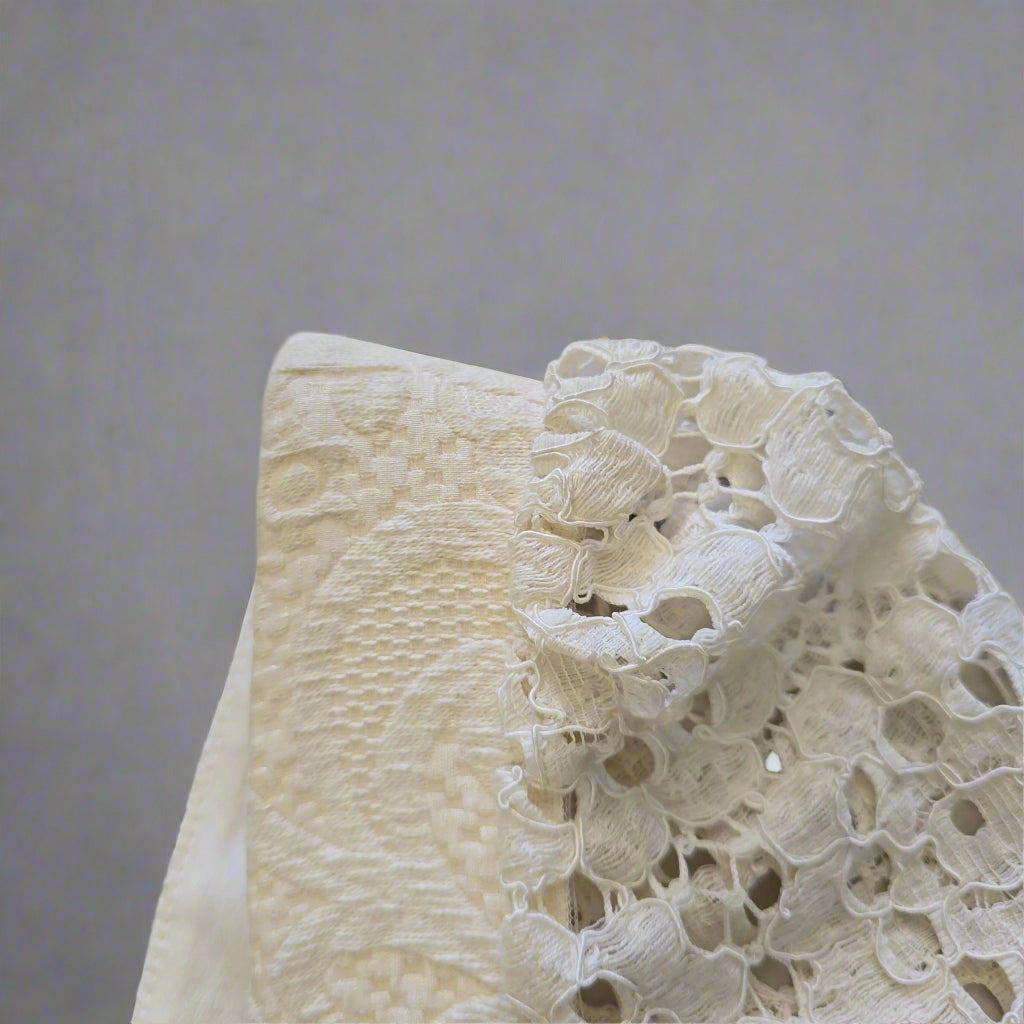 Close-up of a textured white fabric with lace detailing on a neutral background