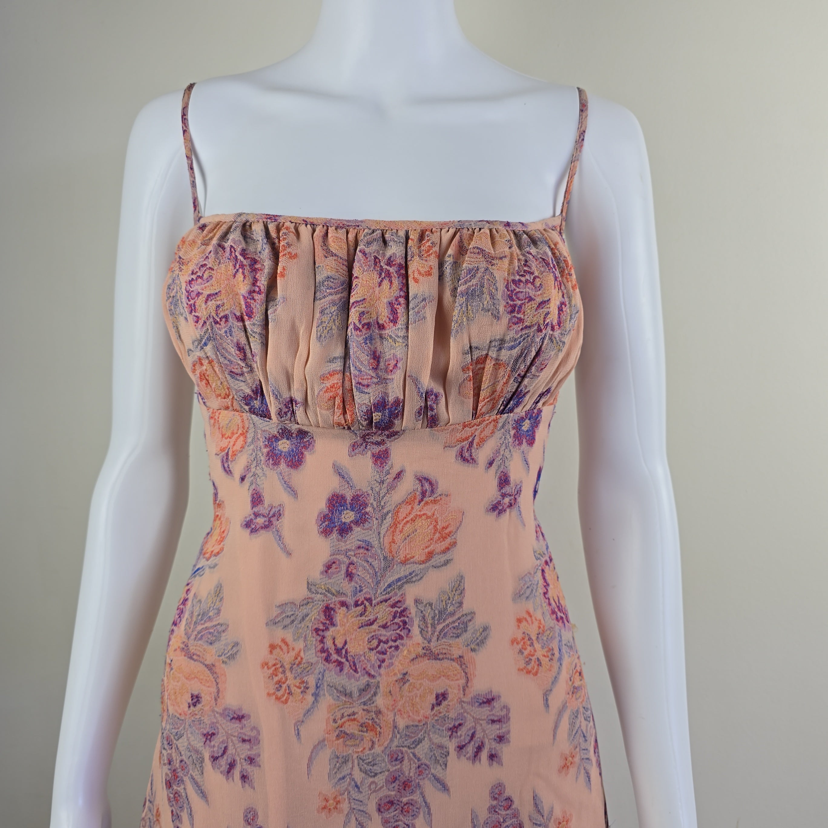 Floral dress on a mannequin with a plain background
