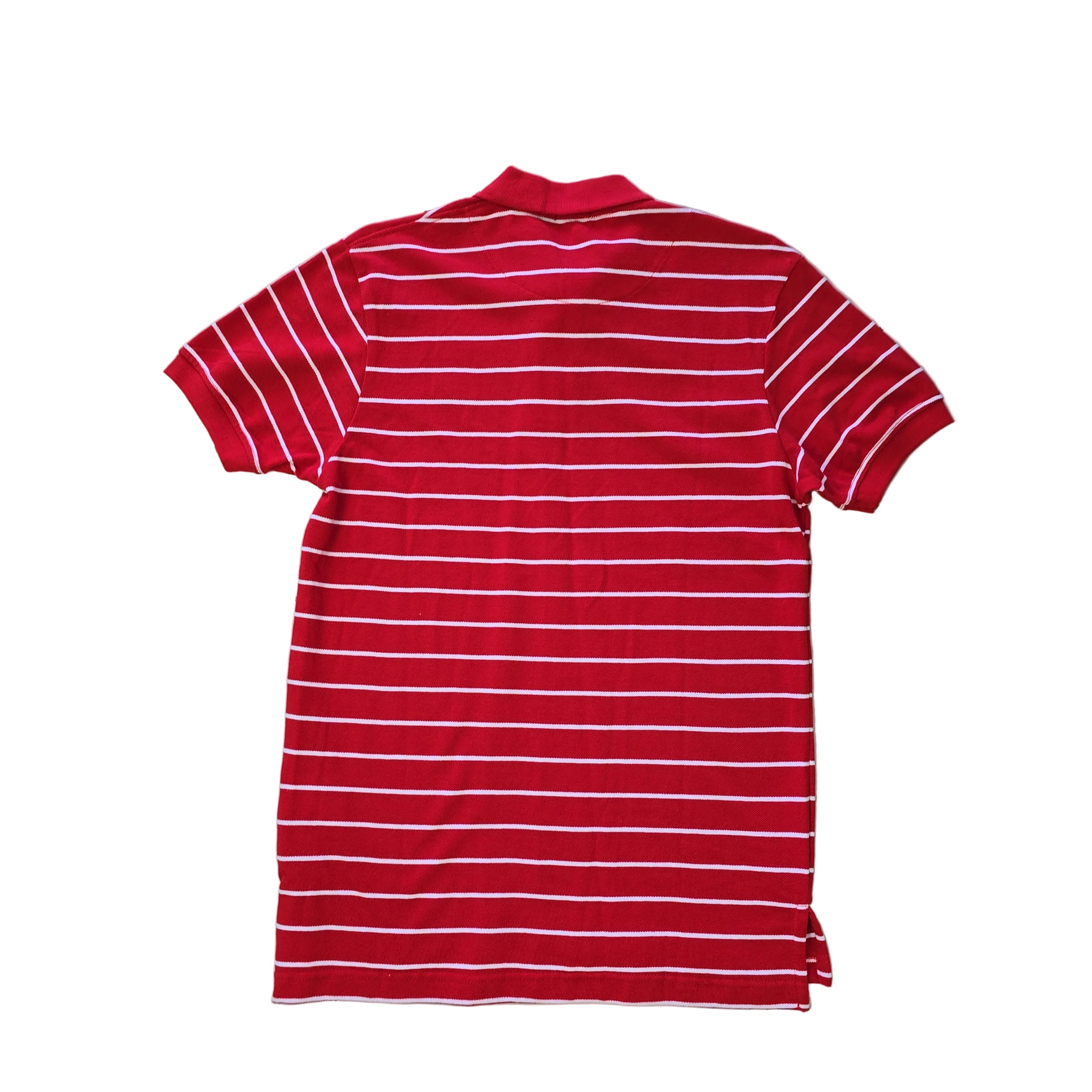 Red and white striped polo shirt on a light background