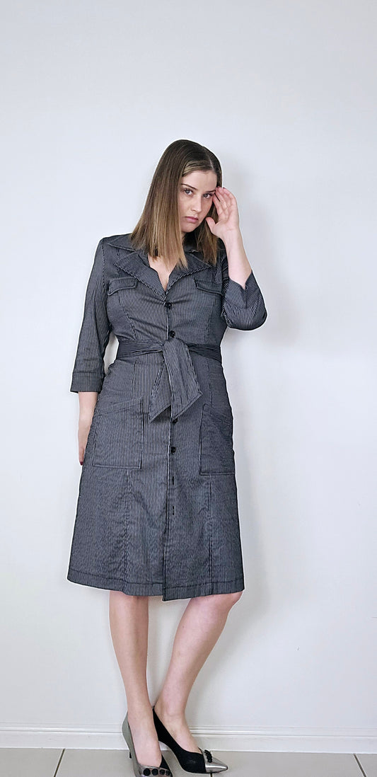 Vintage Lovley Girl Gunmetal Grey and Black Pinstriped Quarter Sleeved Coat 1564