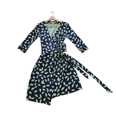 Diane von Furstenberg Silk Wrap Dress – Navy & Green Leaf Print – Size AU 8