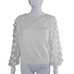 Siani Milano White 3D Floral Sleeve Sweater – Statement Balloon Sleeve Knit (M)