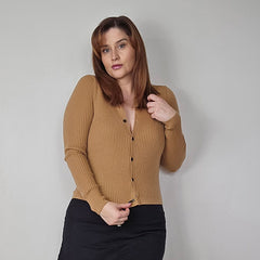 Uniqlo 100% Extra Fine Beige Ribbed Polo Cardigan