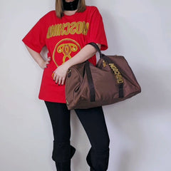 Vintage MOSCHINO by Redwall 1990s Brown Nylon + Leather Medium Duffle Bag with Gold Lettering