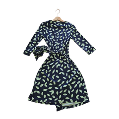 Diane von Furstenberg Silk Wrap Dress – Navy & Green Leaf Print – Size AU 8