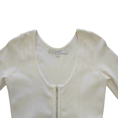 GUESS Cream Zip-Up Ribbed Top – Gold Zip Detail - Size: L