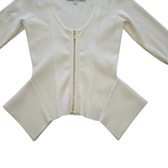 GUESS Cream Zip-Up Ribbed Top – Gold Zip Detail - Size: L