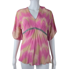Lisa Ho Pink Beige Silk Blend Pleated Top – Metallic Trim (AU 8)