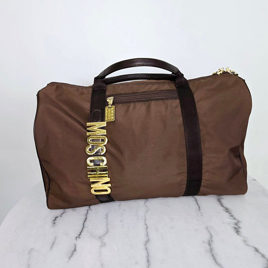 Vintage MOSCHINO by Redwall 1990s Brown Nylon + Leather Medium Duffle Bag with Gold Lettering 1848