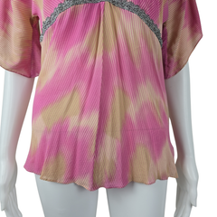 Lisa Ho Pink Beige Silk Blend Pleated Top – Metallic Trim (AU 8)