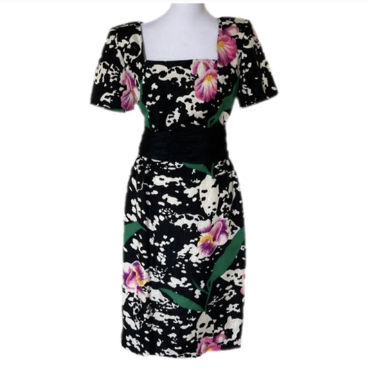 Oscar de la Renta Vintage Black & White Floral Silk Dress 1080