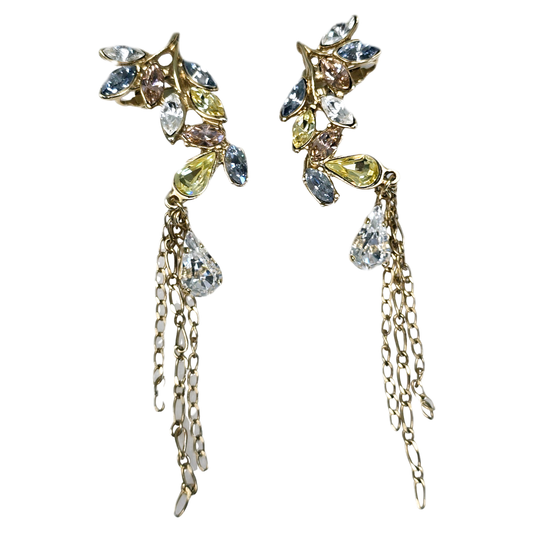 Vintage Gold Plated Crystal Leaf Clip-On Ear Cuffs with Chain Drops 2736