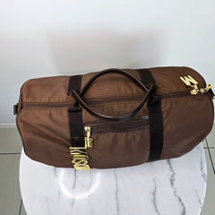 Vintage MOSCHINO by Redwall 1990s Brown Nylon + Leather Medium Duffle Bag with Gold Lettering