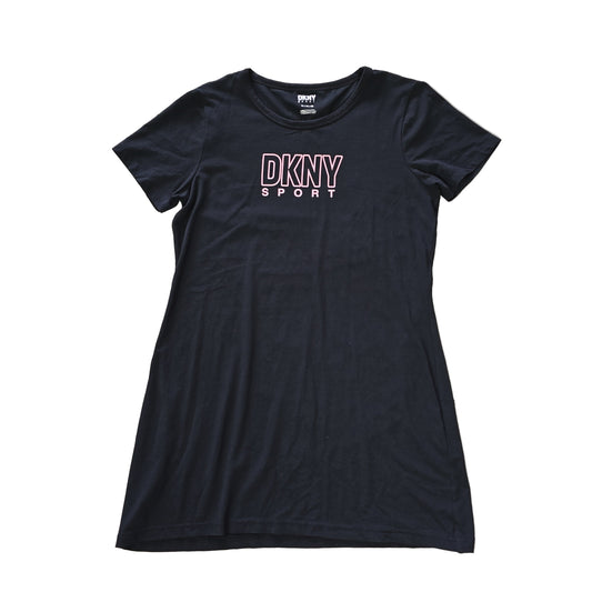 Black t-shirt dress with DKNY logo on a light background 2736