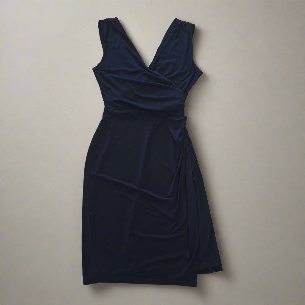 Navy blue dress on a tiled floor