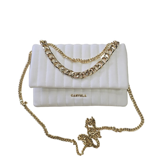 White handbag with gold chain strap on a light back ground 2736