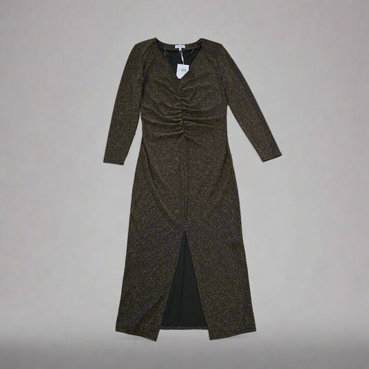 Black and gold textured dress against a light gray background 1024