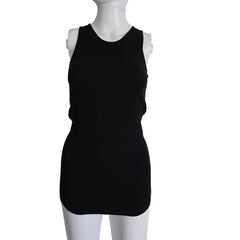 Black sleeveless top on a mannequin against a beige background