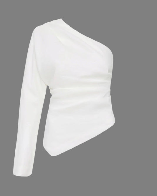 White one-shoulder top on a white background 1080