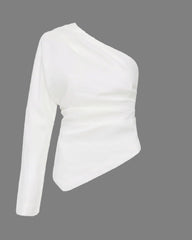 White one-shoulder top on a white background