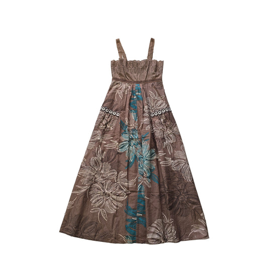 Brown floral dress on a tiled floor 2736