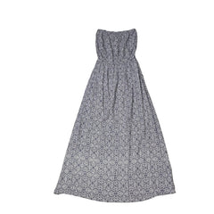 Floral-patterned strapless dress on a light background