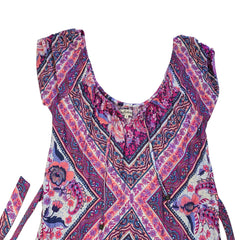 Pink and purple patterned dress on a light background