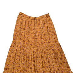 Orange floral patterned fabric on a light background.