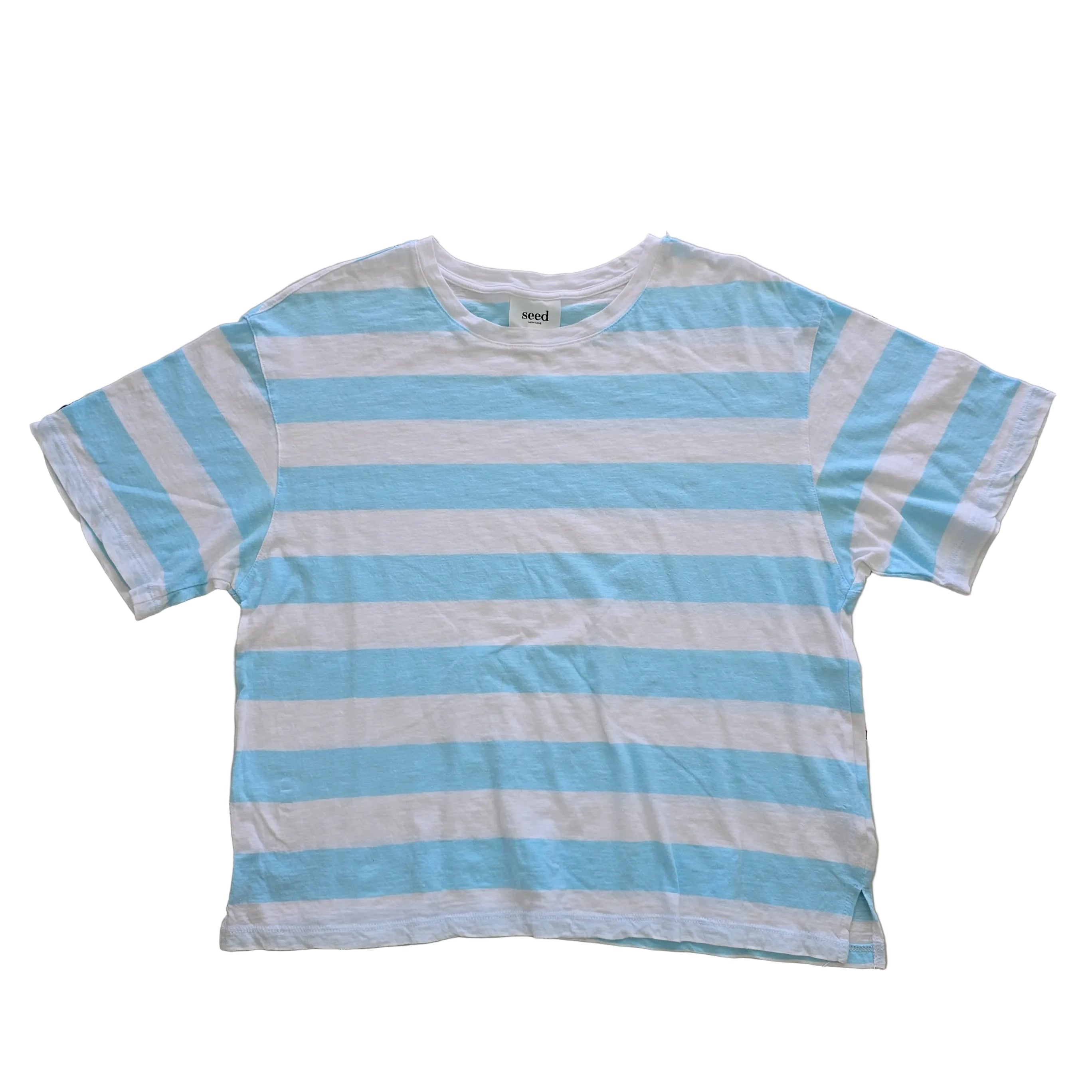 Light blue and white striped shirt on a light background