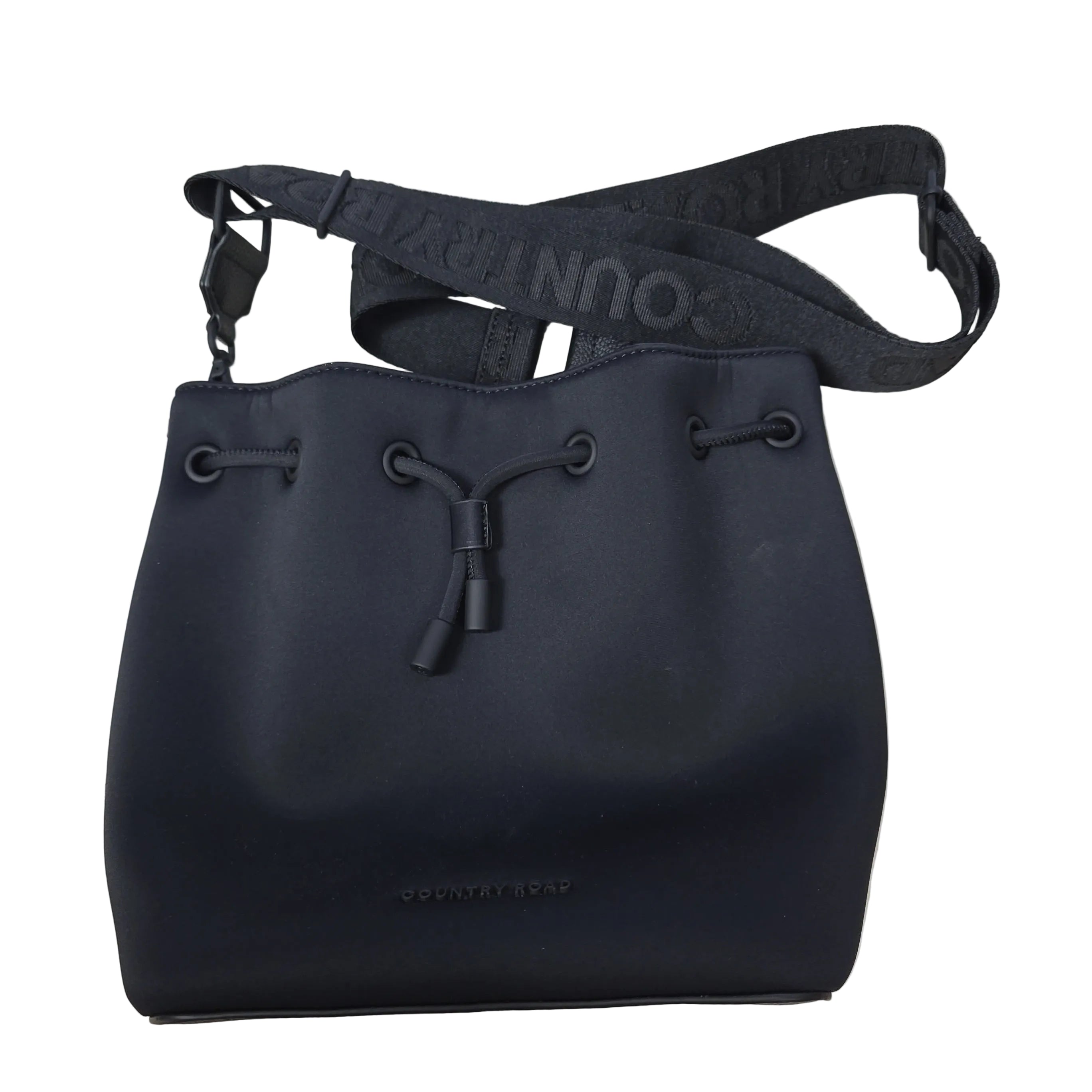 Black bucket bag with visible brand name on a light background