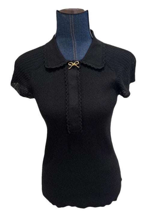 Authentic Louis Vuitton Black Knit Top with Gold Bow – Size M (Stretchy Fit) 900