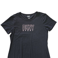 Black t-shirt with 'DKNY' logo on a light background